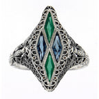 Back view of Art Deco Ring with London Blue Topaz, Green Chalcedony Sterling Silver showing 925 sterling silver hallmark