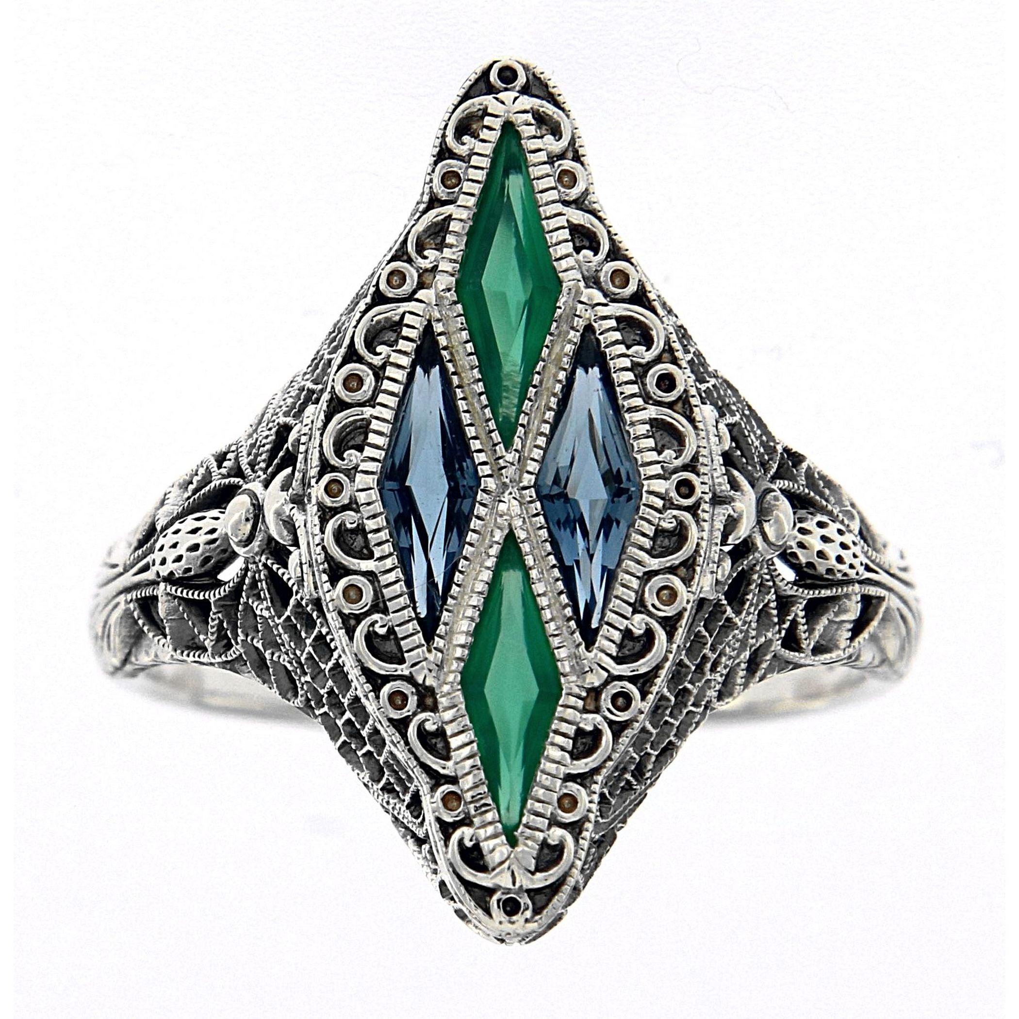 Back view of Art Deco Ring with London Blue Topaz, Green Chalcedony Sterling Silver showing 925 sterling silver hallmark