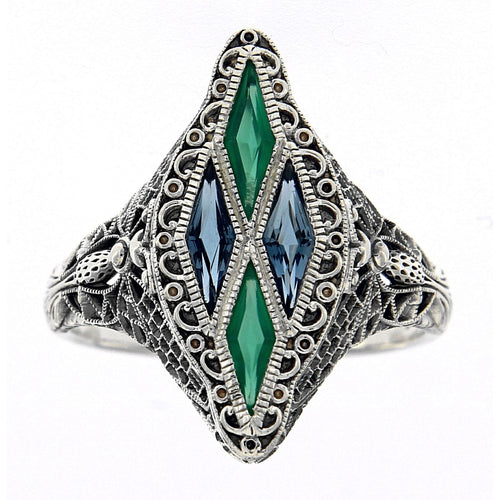 Back view of Art Deco Ring with London Blue Topaz, Green Chalcedony Sterling Silver showing 925 sterling silver hallmark