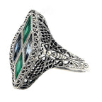 Detail view of Art Deco Ring with London Blue Topaz, Green Chalcedony Sterling Silver highlighting Blue Topaz, London Blue To