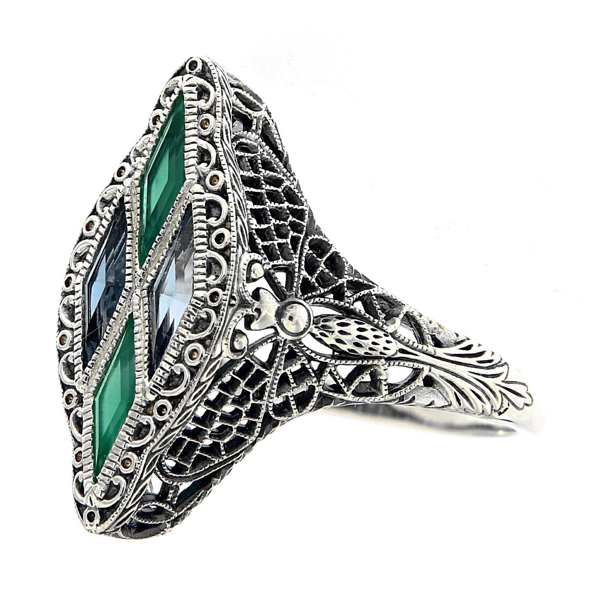 Detail view of Art Deco Ring with London Blue Topaz, Green Chalcedony Sterling Silver highlighting Blue Topaz, London Blue To