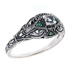Art Deco style, White Topaz, Emerald, sterling silver rings, front view