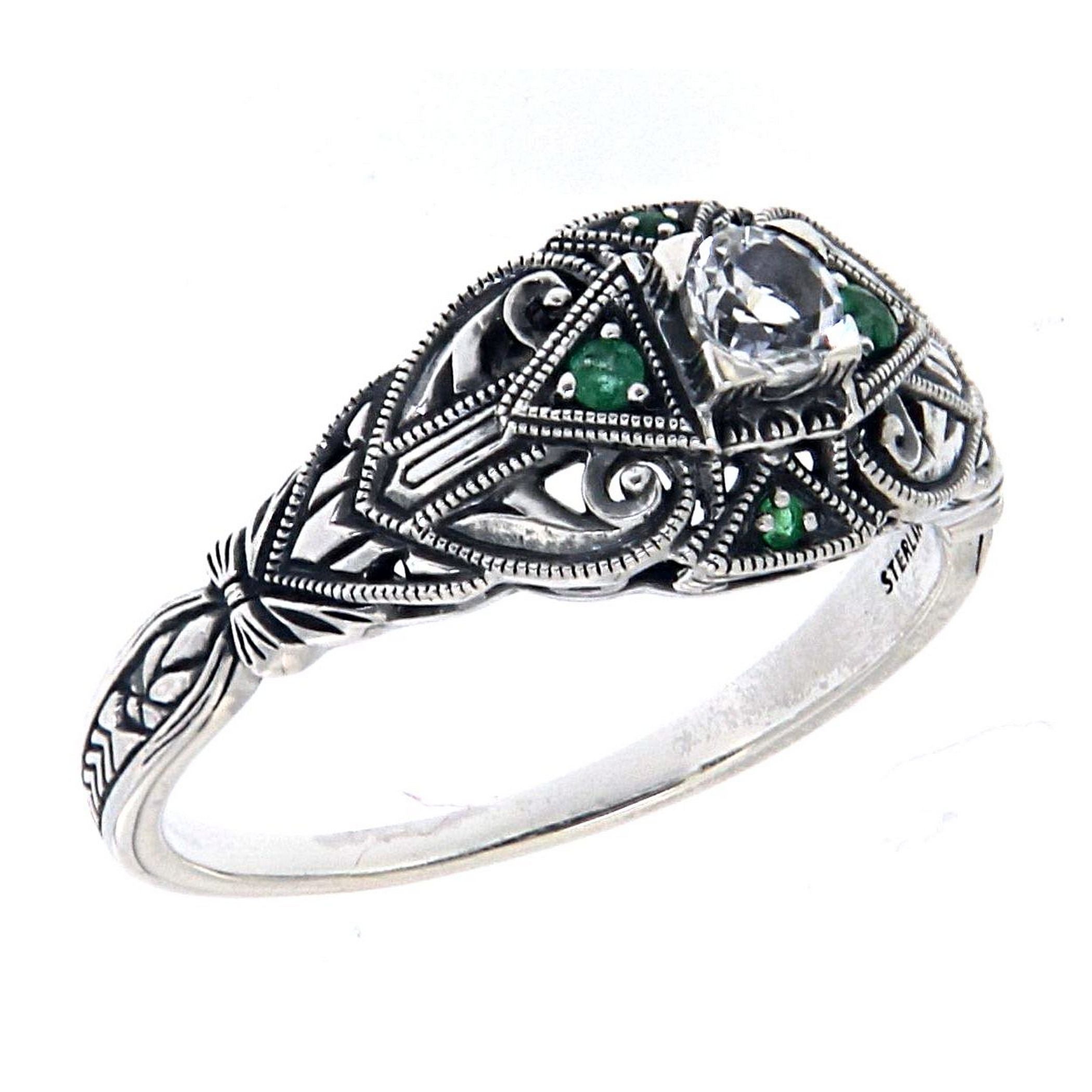 Art Deco style, White Topaz, Emerald, sterling silver rings, front view