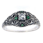 Detail view of Art Deco White Topaz Filigree Ring w/ Emerald Accents highlighting White Topaz, Emerald