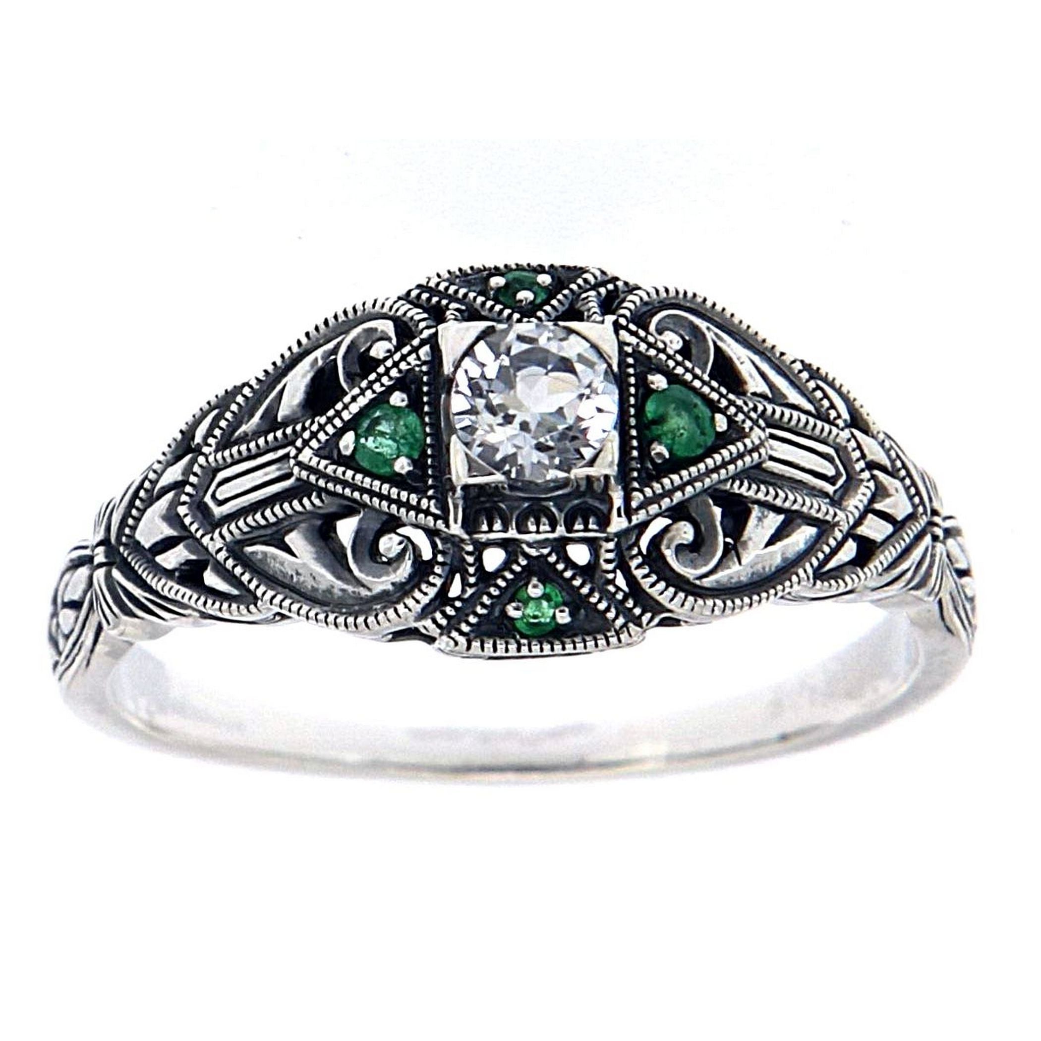 Detail view of Art Deco White Topaz Filigree Ring w/ Emerald Accents highlighting White Topaz, Emerald