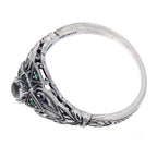 Detail view of Art Deco White Topaz Filigree Ring w/ Emerald Accents highlighting White Topaz, Emerald