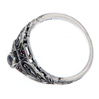 Detail view of Art Deco Style White Topaz Filigree Ring w/ Ruby Accents highlighting White Topaz, Ruby
