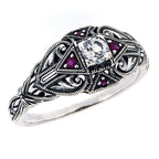 Art Deco style, White Topaz, Ruby, sterling silver rings, front view