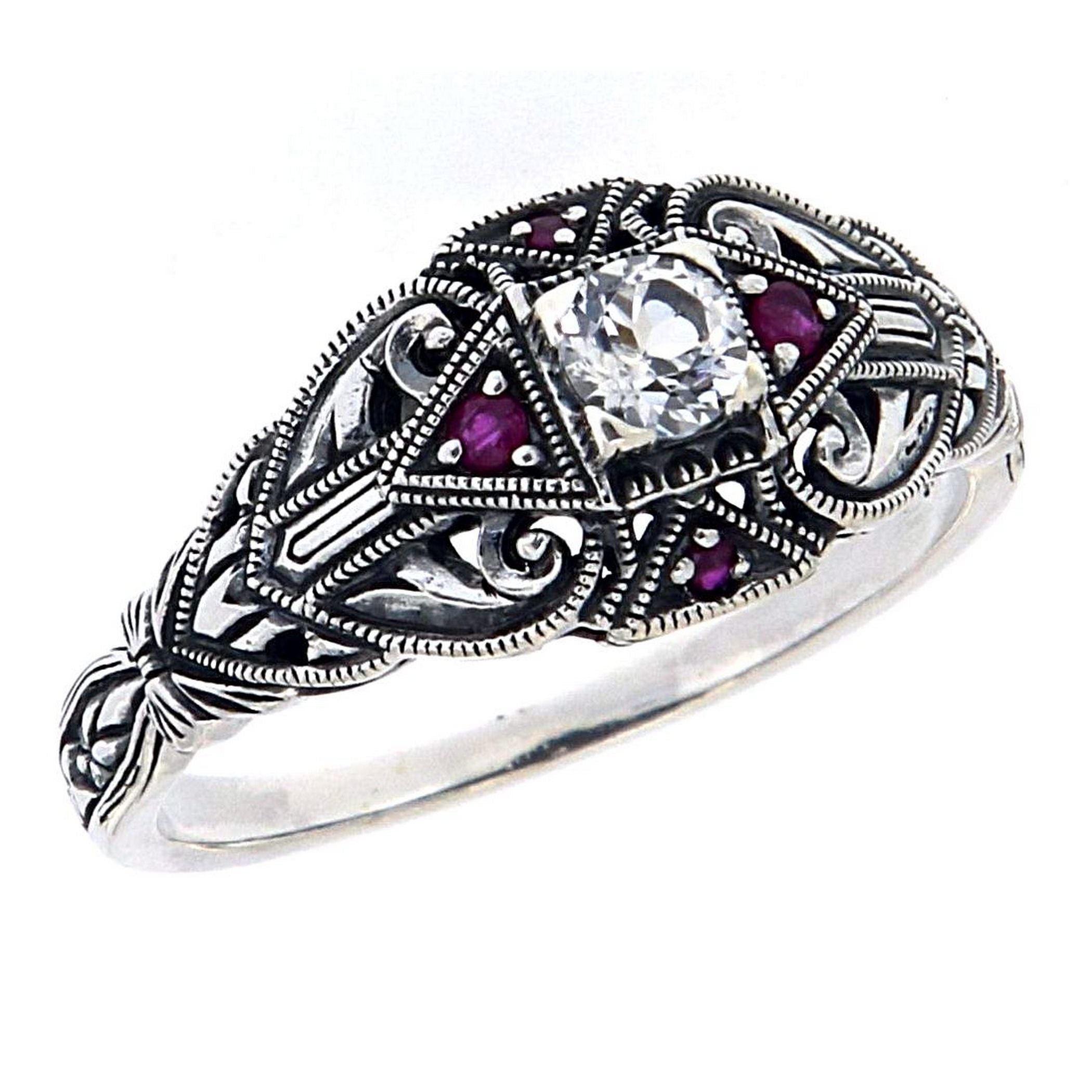 Art Deco style, White Topaz, Ruby, sterling silver rings, front view