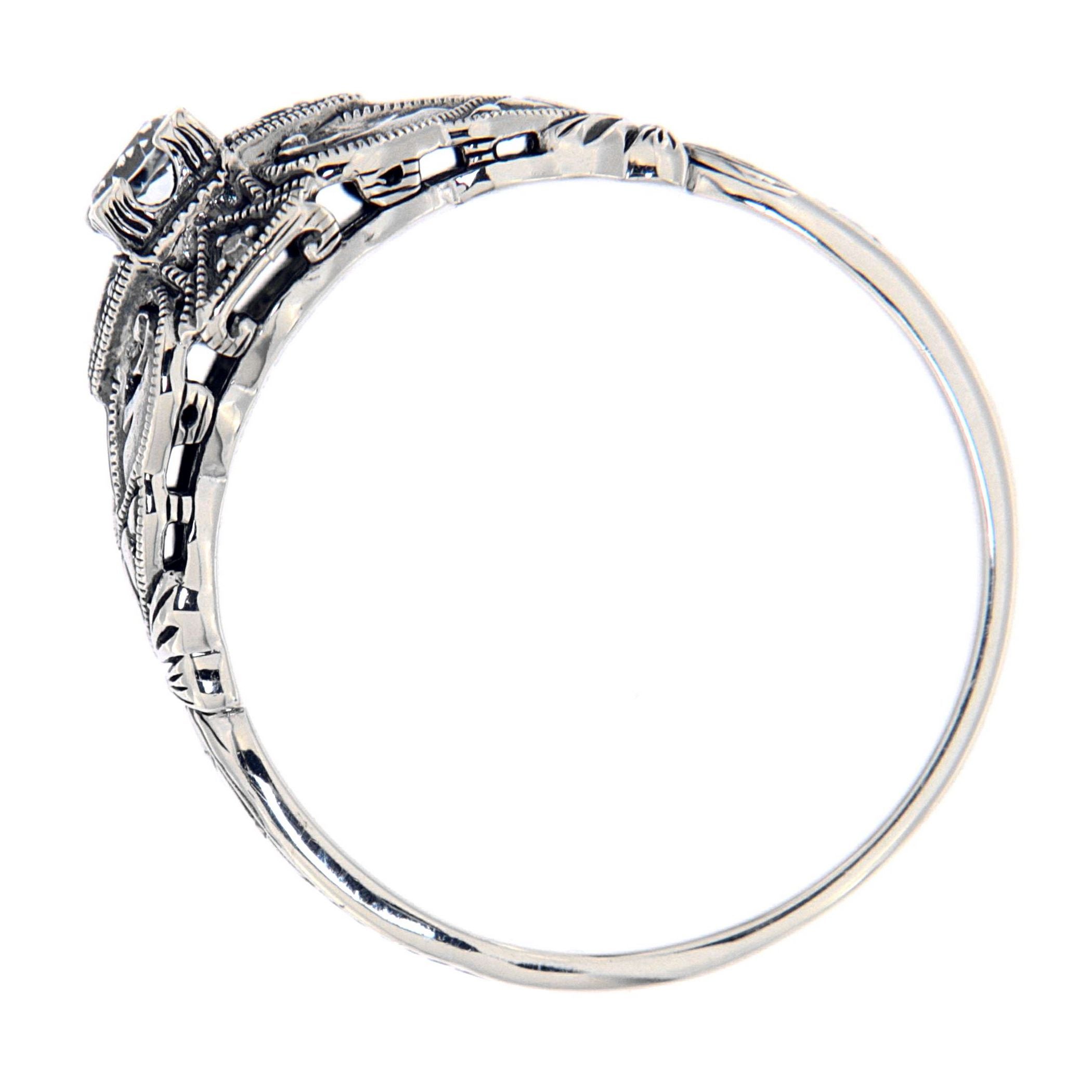 Detail view of Art Deco Style White Topaz Filigree Ring w/ Blue Sapphire Sterling Silver highlighting White Topaz, Sapphire