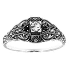 Back view of Art Deco Style White Topaz Filigree Ring w/ Blue Sapphire Sterling Silver showing 925 sterling silver hallmark