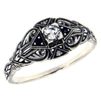 Art Deco style, White Topaz, Sapphire, sterling silver rings, front view