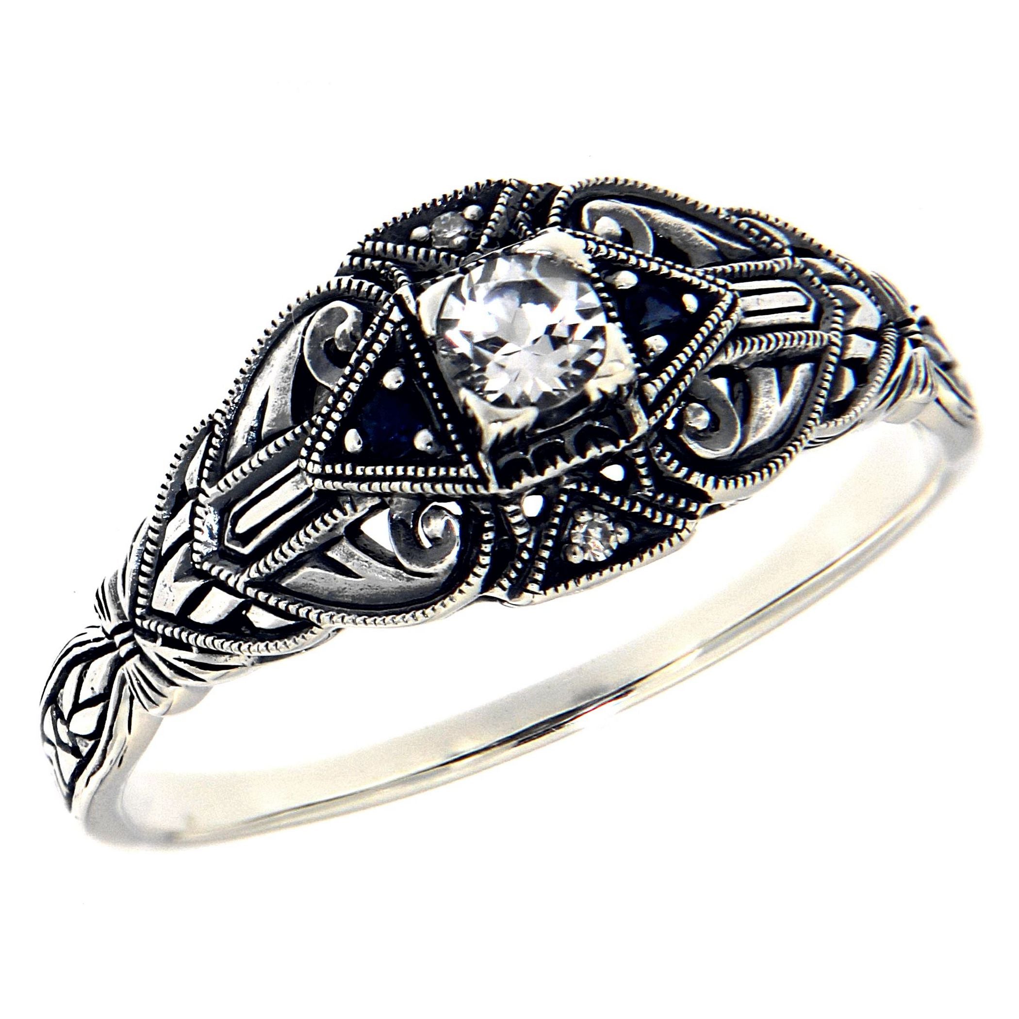Art Deco style, White Topaz, Sapphire, sterling silver rings, front view