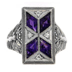 Detail view of Art Deco Style Filigree Ring w/ amethyst White Topaz highlighting Amethyst, White Topaz