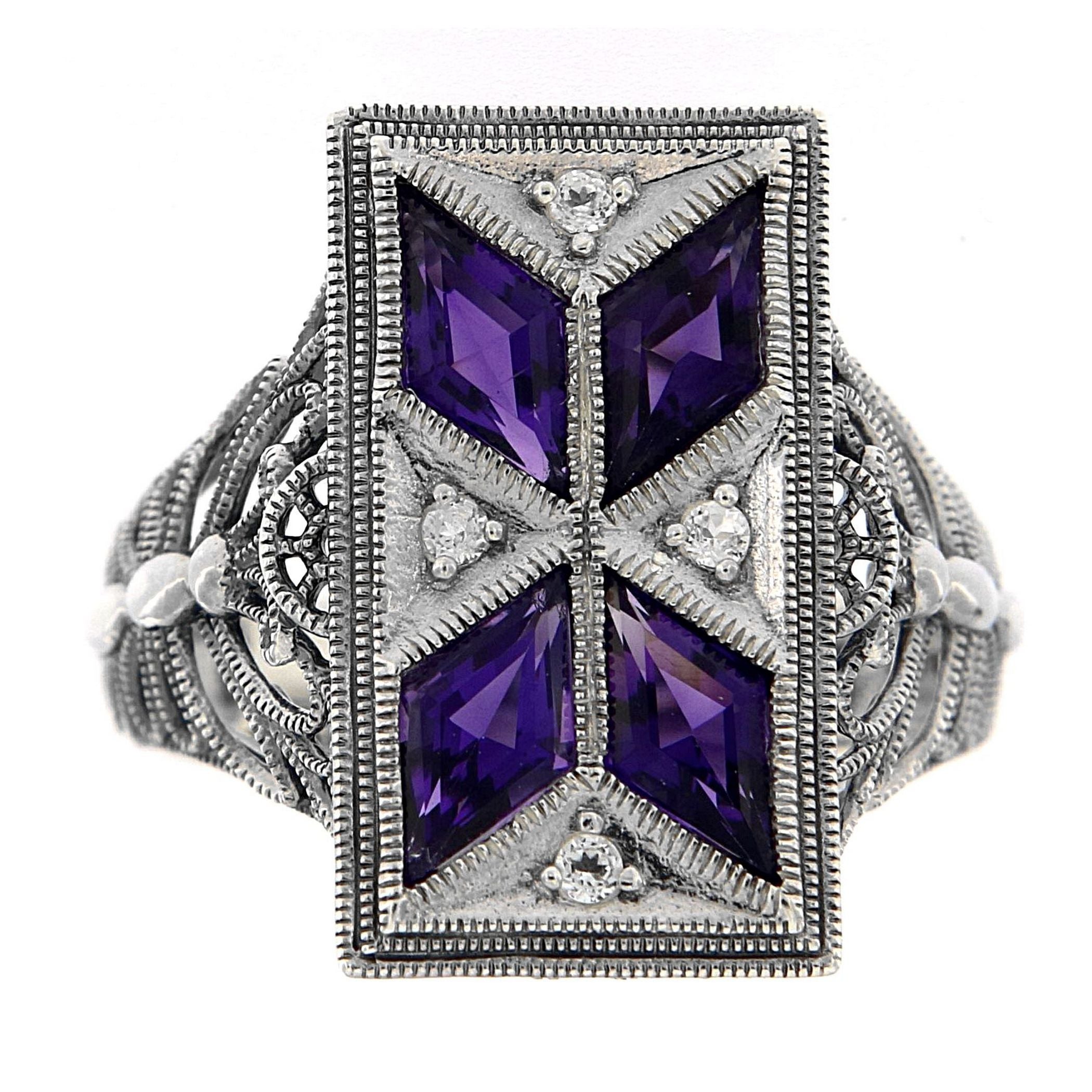 Detail view of Art Deco Style Filigree Ring w/ amethyst White Topaz highlighting Amethyst, White Topaz
