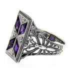 Back view of Art Deco Style Filigree Ring w/ amethyst White Topaz showing 925 sterling silver hallmark