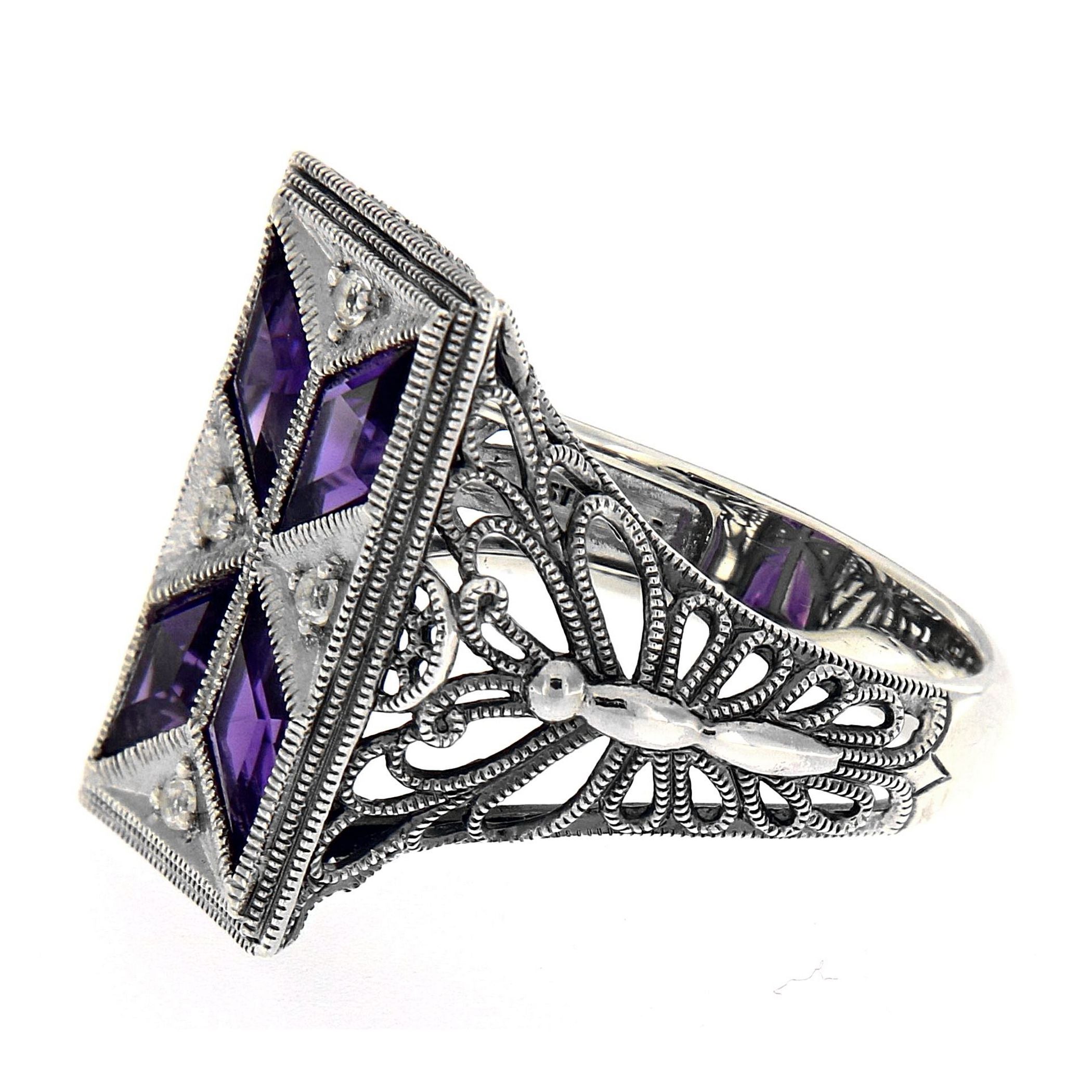 Back view of Art Deco Style Filigree Ring w/ amethyst White Topaz showing 925 sterling silver hallmark