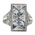 Detail view of Art Deco Style Filigree Ring w/ Blue White Topaz highlighting White Topaz