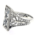 Back view of Art Deco Style Filigree Ring w/ Blue White Topaz showing 925 sterling silver hallmark