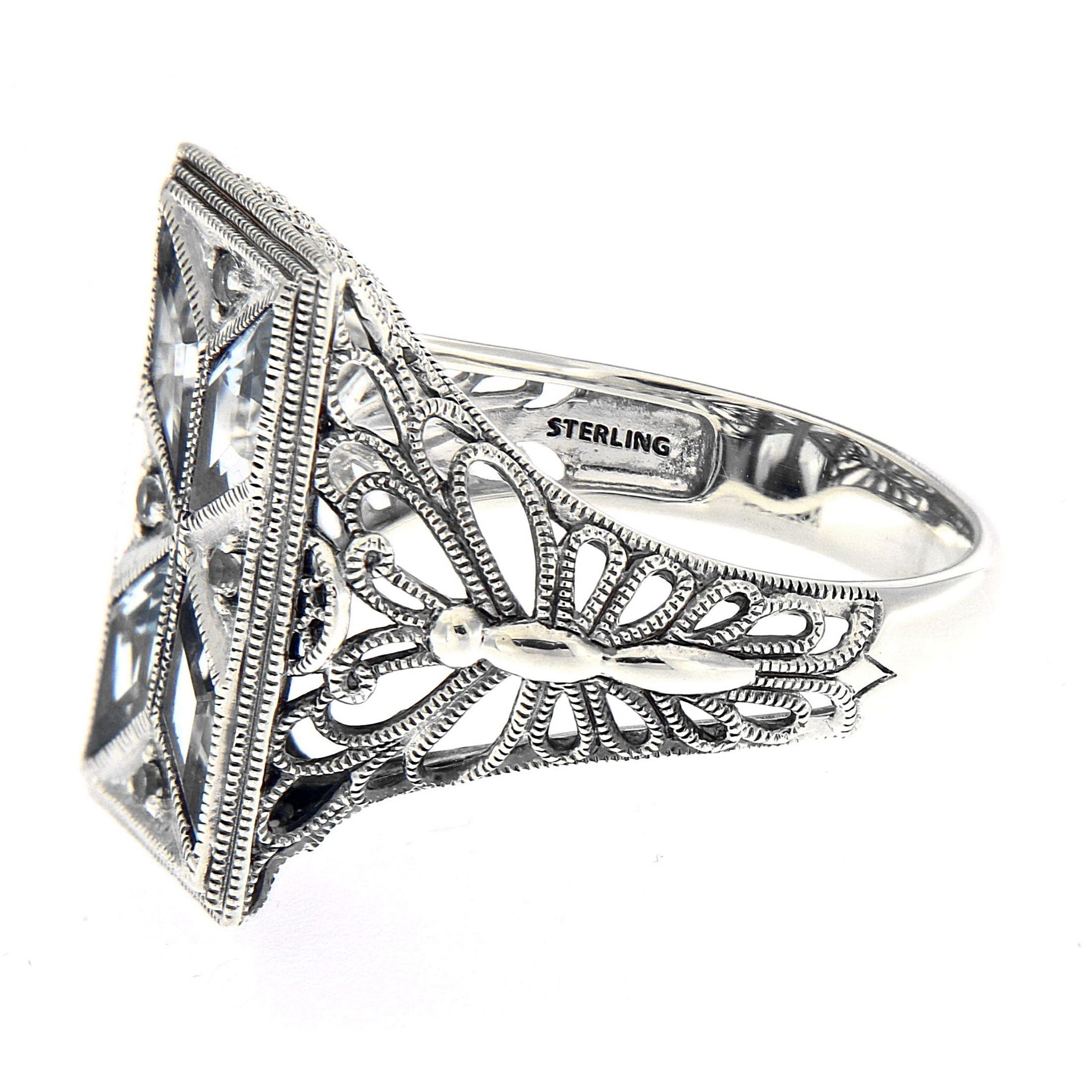 Back view of Art Deco Style Filigree Ring w/ Blue White Topaz showing 925 sterling silver hallmark