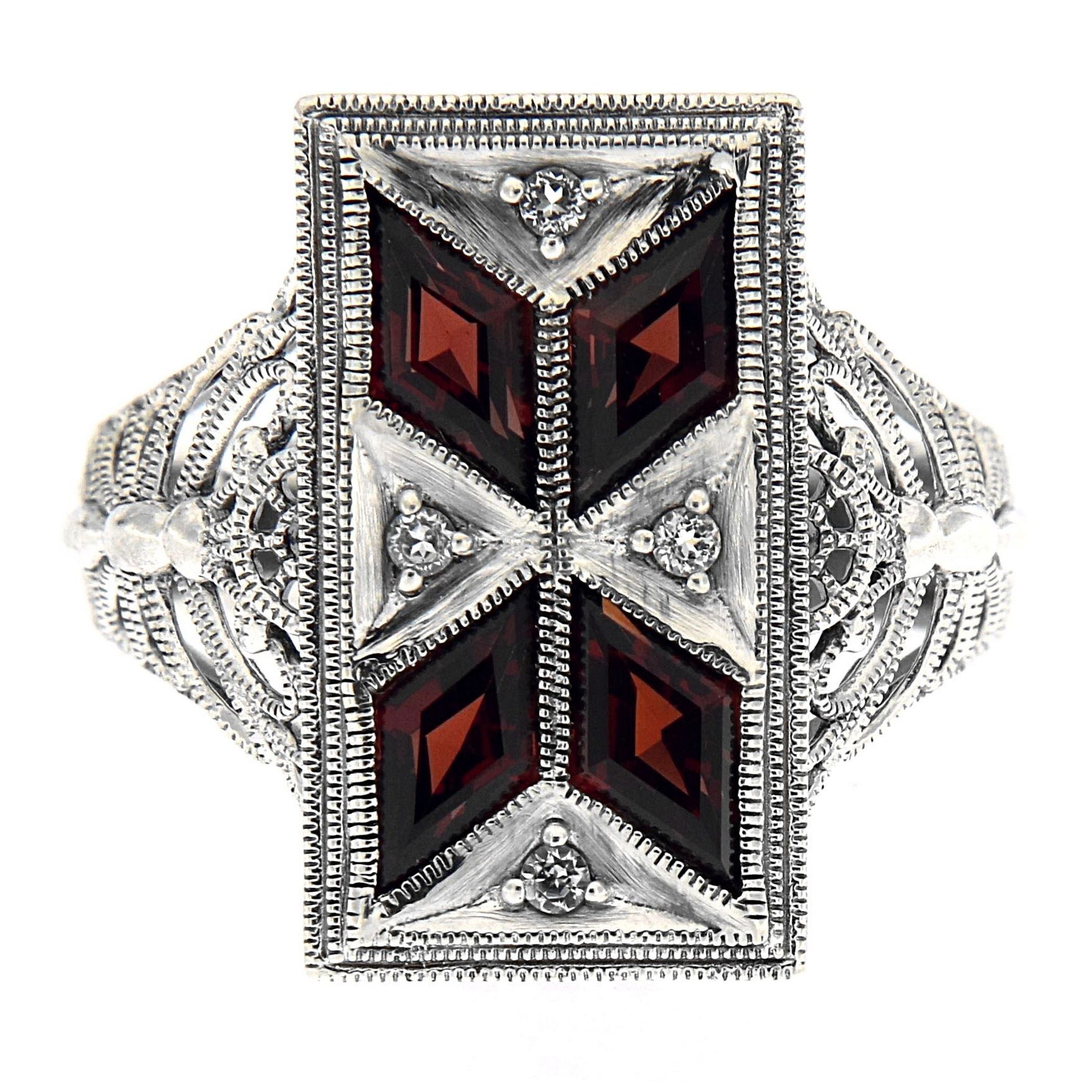 Detail view of Art Deco Style Filigree Ring Red Garnet White Topaz highlighting Garnet, White Topaz