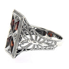 Back view of Art Deco Style Filigree Ring Red Garnet White Topaz showing 925 sterling silver hallmark