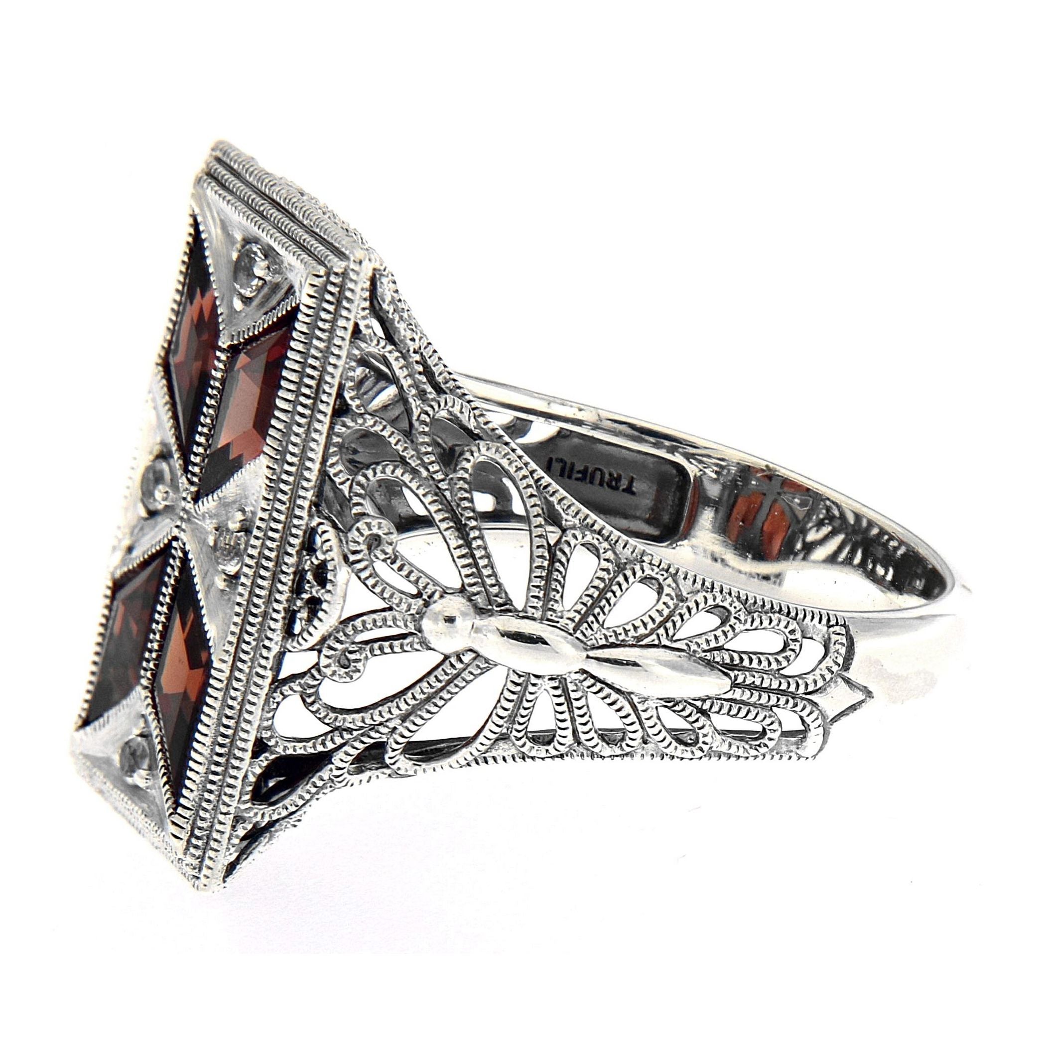 Back view of Art Deco Style Filigree Ring Red Garnet White Topaz showing 925 sterling silver hallmark