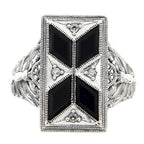Detail view of Art Deco Style Filigree Ring Black Onyx White Topaz highlighting White Topaz, Black Onyx