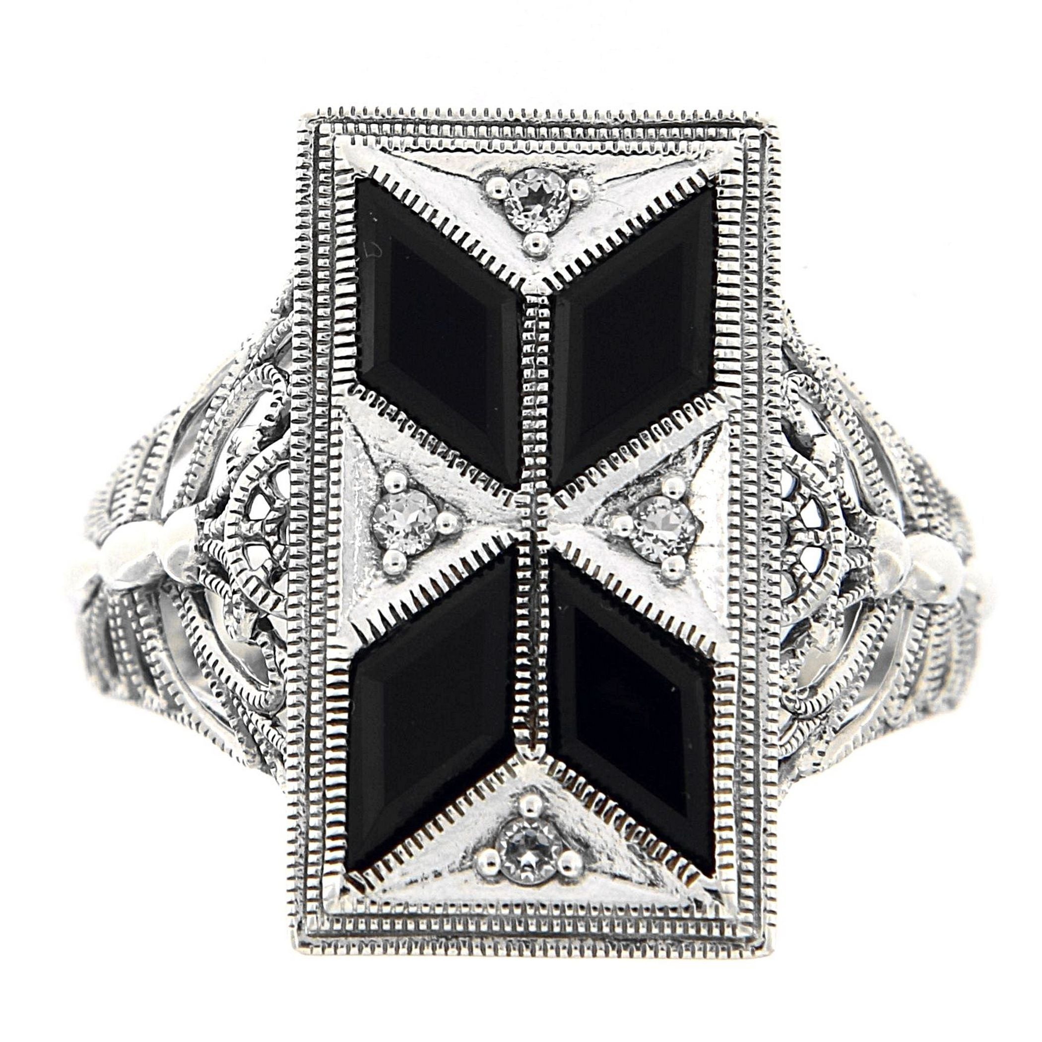 Detail view of Art Deco Style Filigree Ring Black Onyx White Topaz highlighting White Topaz, Black Onyx