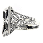 Back view of Art Deco Style Filigree Ring Black Onyx White Topaz showing 925 sterling silver hallmark