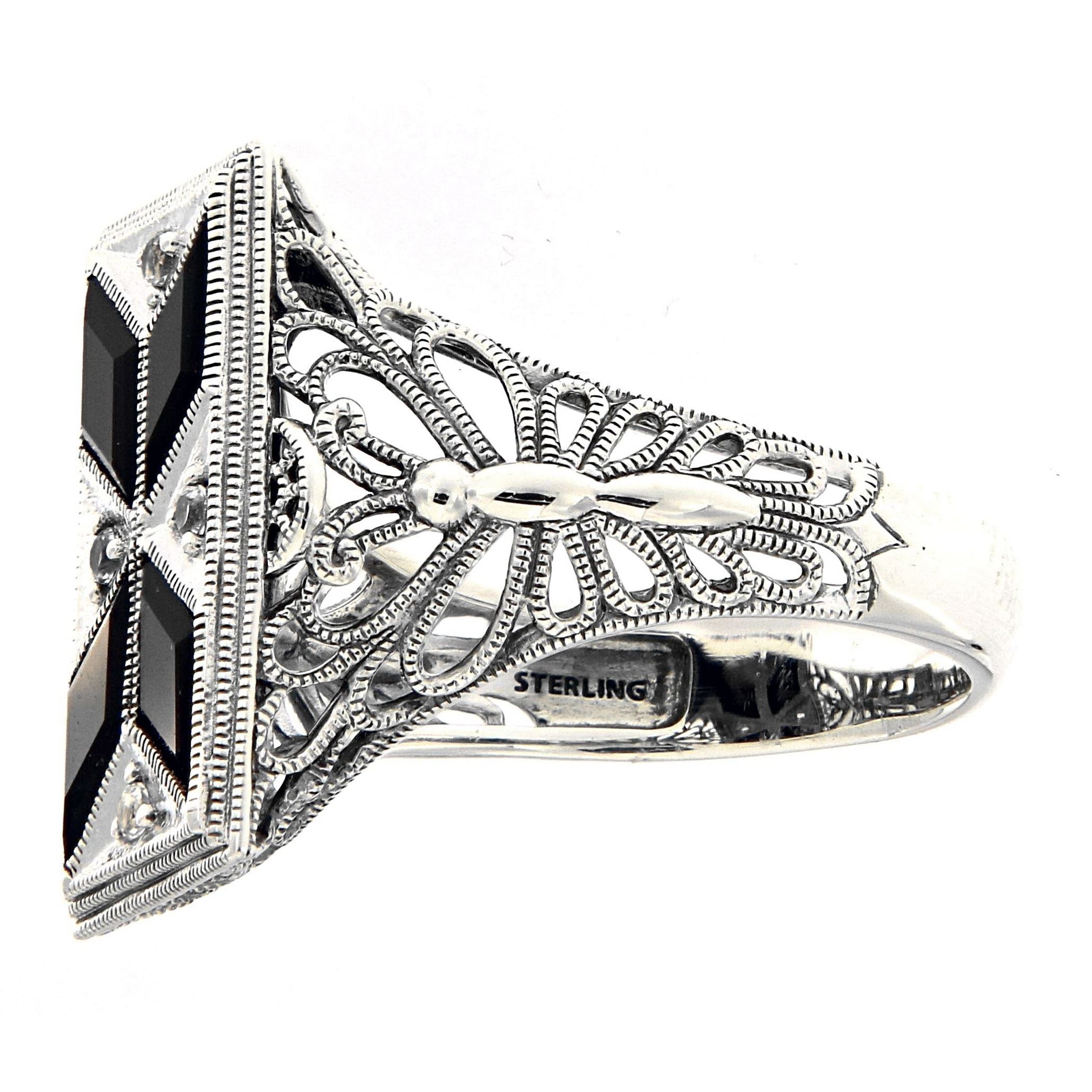 Back view of Art Deco Style Filigree Ring Black Onyx White Topaz showing 925 sterling silver hallmark