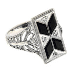 Art Deco style, White Topaz, Black Onyx, sterling silver rings, front view