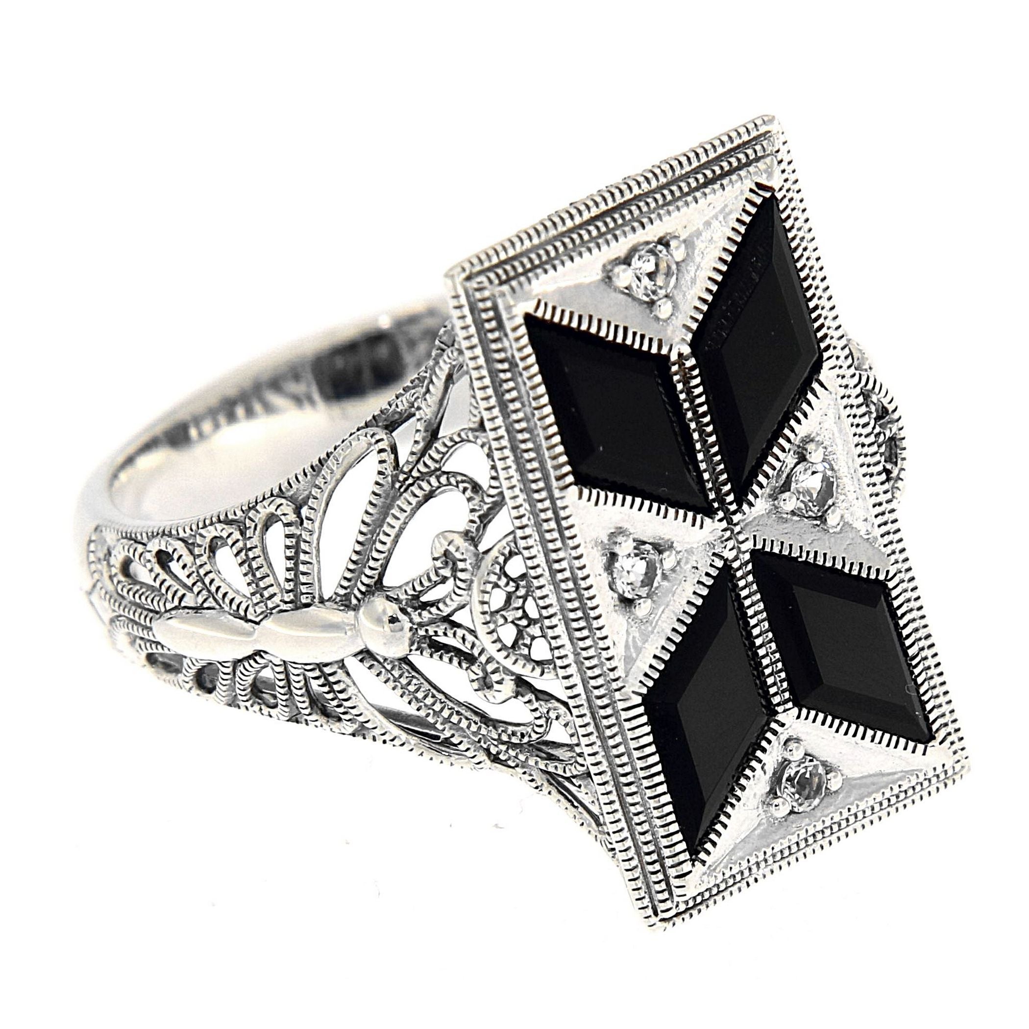 Art Deco style, White Topaz, Black Onyx, sterling silver rings, front view