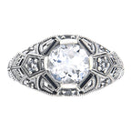 Detail view of Art Deco Style White Topaz Filigree Ring Sapphire Accents Sterling Silver highlighting White Topaz, Sapphire