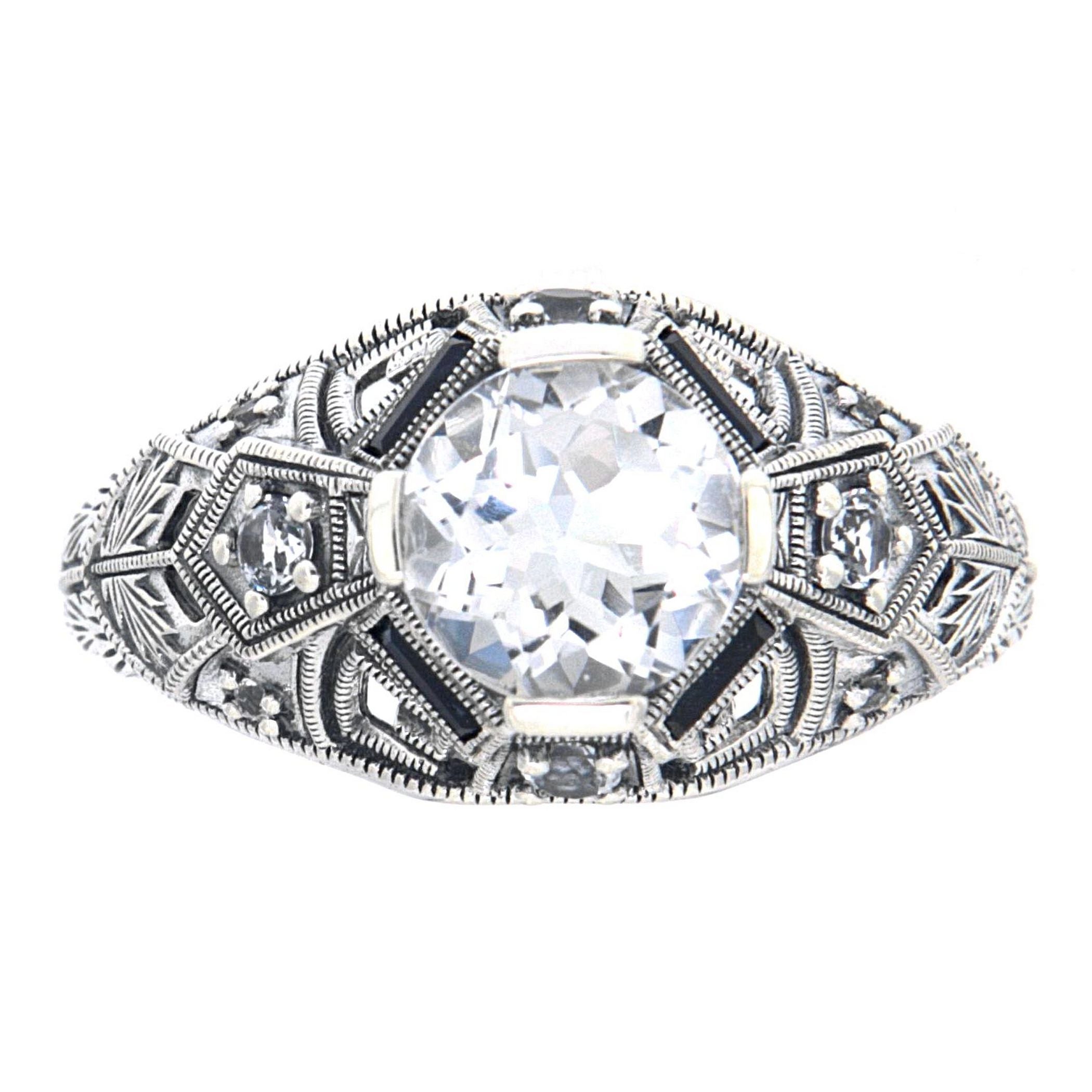 Detail view of Art Deco Style White Topaz Filigree Ring Sapphire Accents Sterling Silver highlighting White Topaz, Sapphire