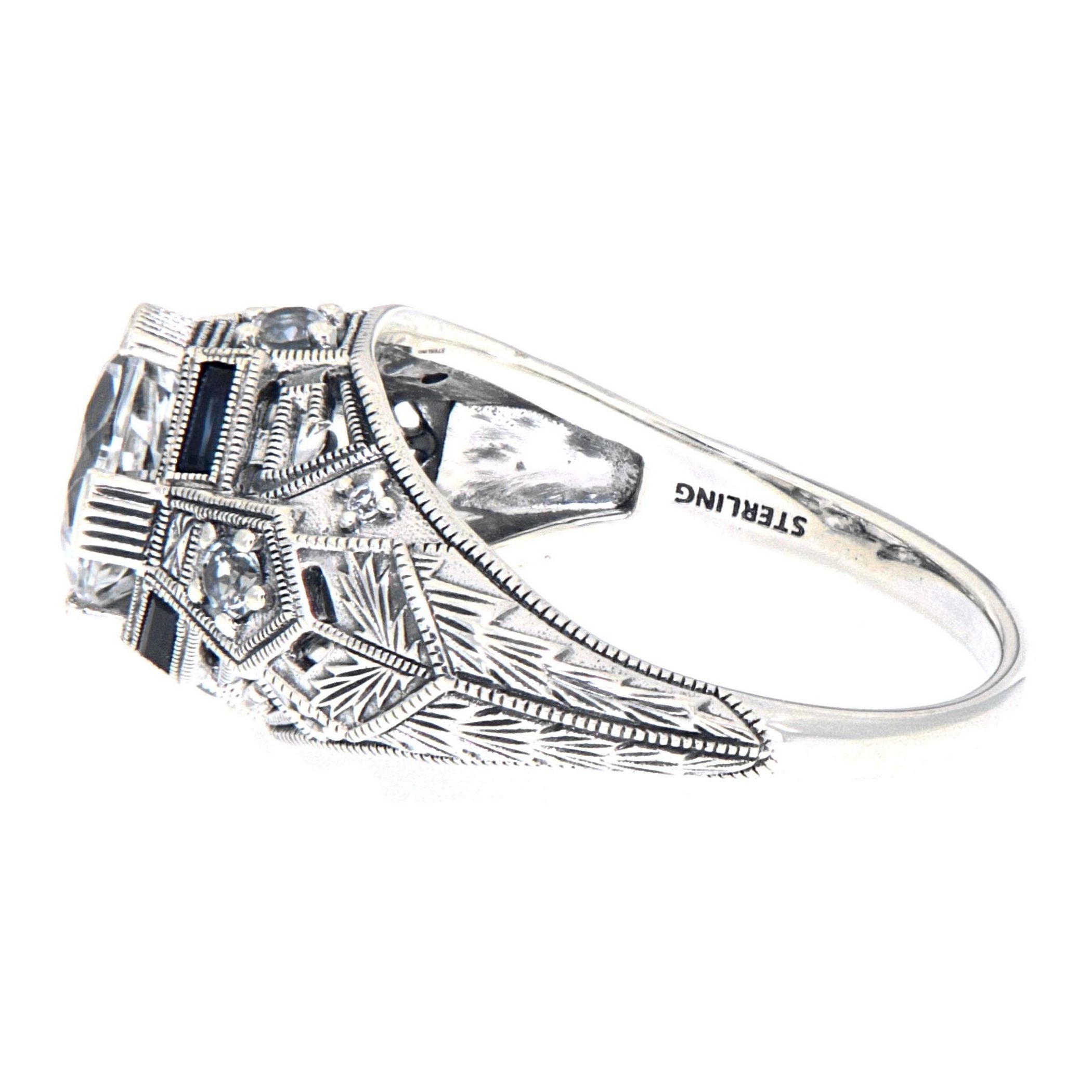 Back view of Art Deco Style White Topaz Filigree Ring Sapphire Accents Sterling Silver showing 925 sterling silver hallmark