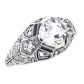 Art Deco style, White Topaz, Sapphire, sterling silver rings, front view