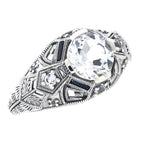 Art Deco style, White Topaz, Sapphire, sterling silver rings, front view