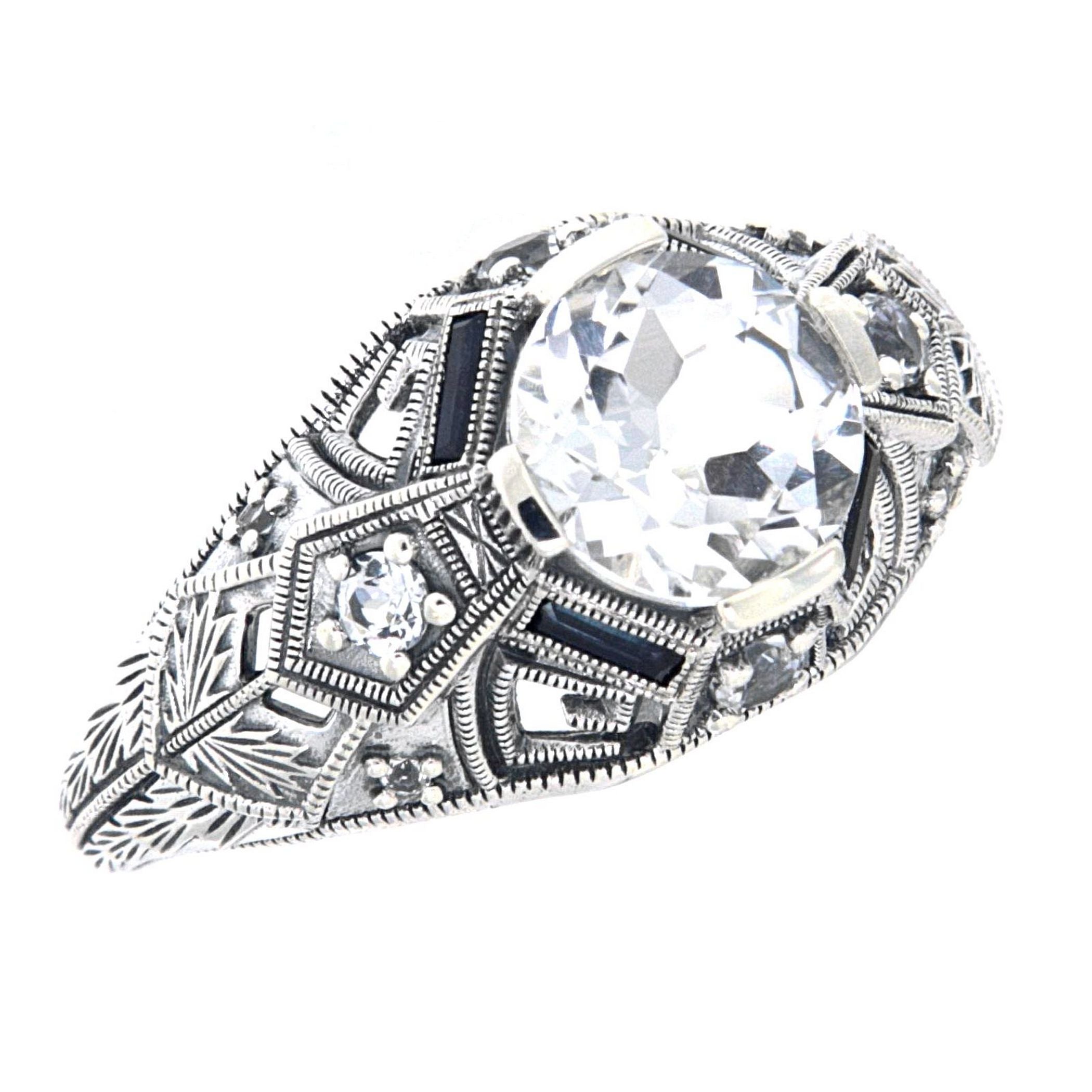 Art Deco style, White Topaz, Sapphire, sterling silver rings, front view