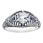 Back view of Art Deco White Topaz Filigree Ring with Blue Sapphire showing 925 sterling silver hallmark