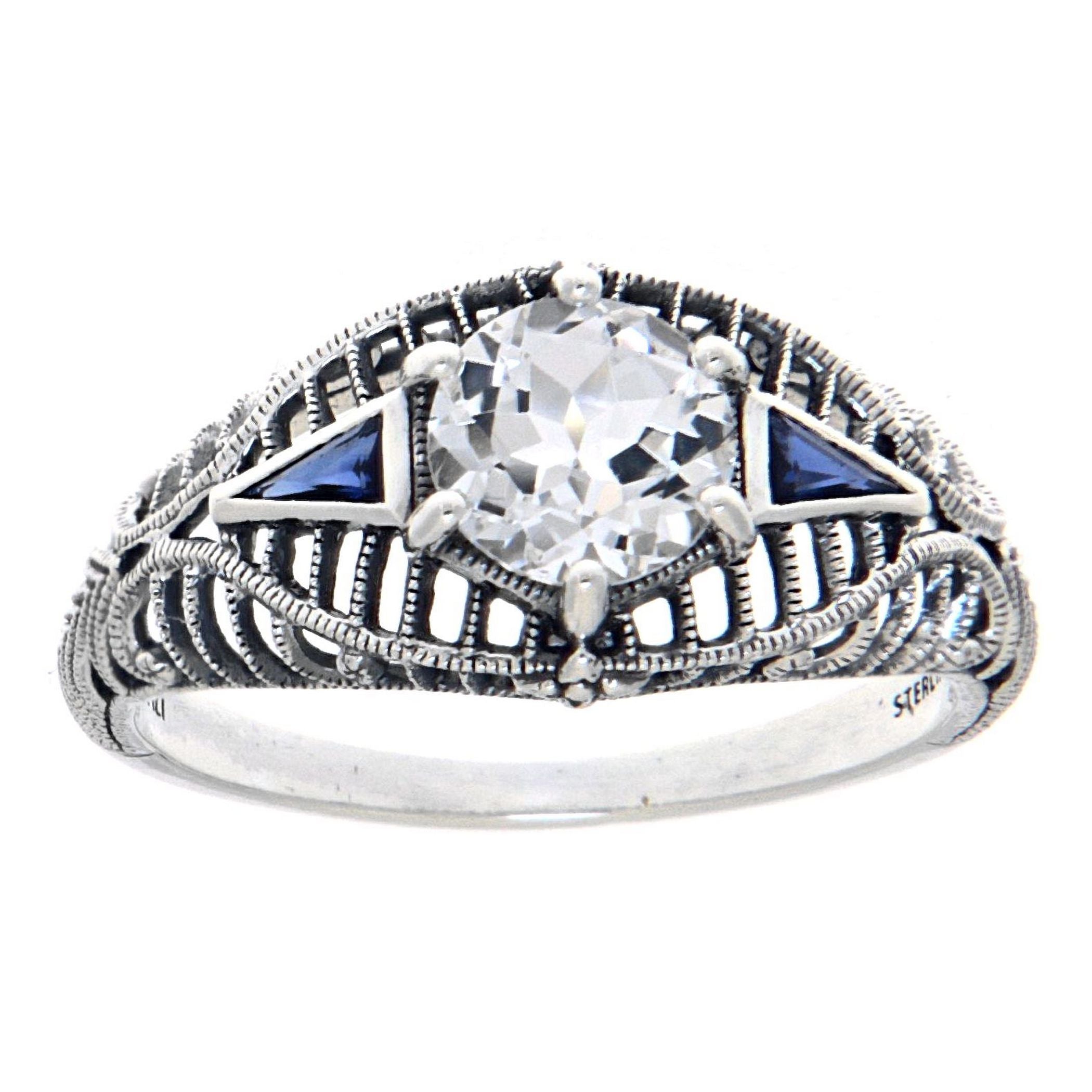 Back view of Art Deco White Topaz Filigree Ring with Blue Sapphire showing 925 sterling silver hallmark