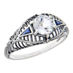 Art Deco style, White Topaz, Sapphire, sterling silver rings, front view