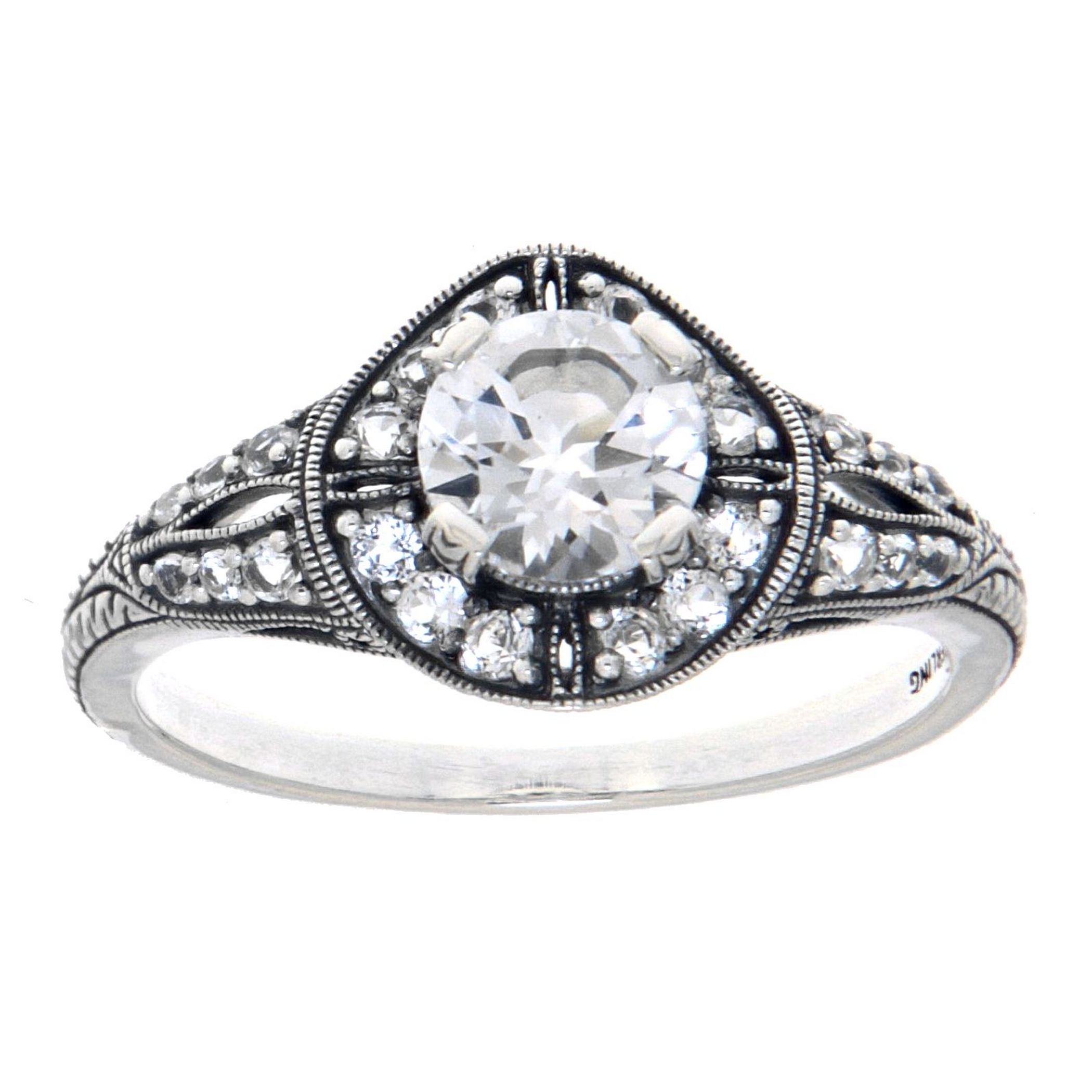 Back view of Art Deco Style Sterling Silver White Topaz Filigree Ring showing 925 sterling silver hallmark