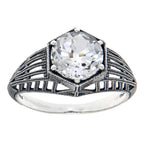 Back view of Art Deco Style Sterling Silver White Topaz Filigree Ring showing 925 sterling silver hallmark