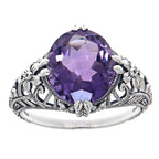 Back view of Victorian Style Geniune Amethyst Filigree Ring showing 925 sterling silver hallmark