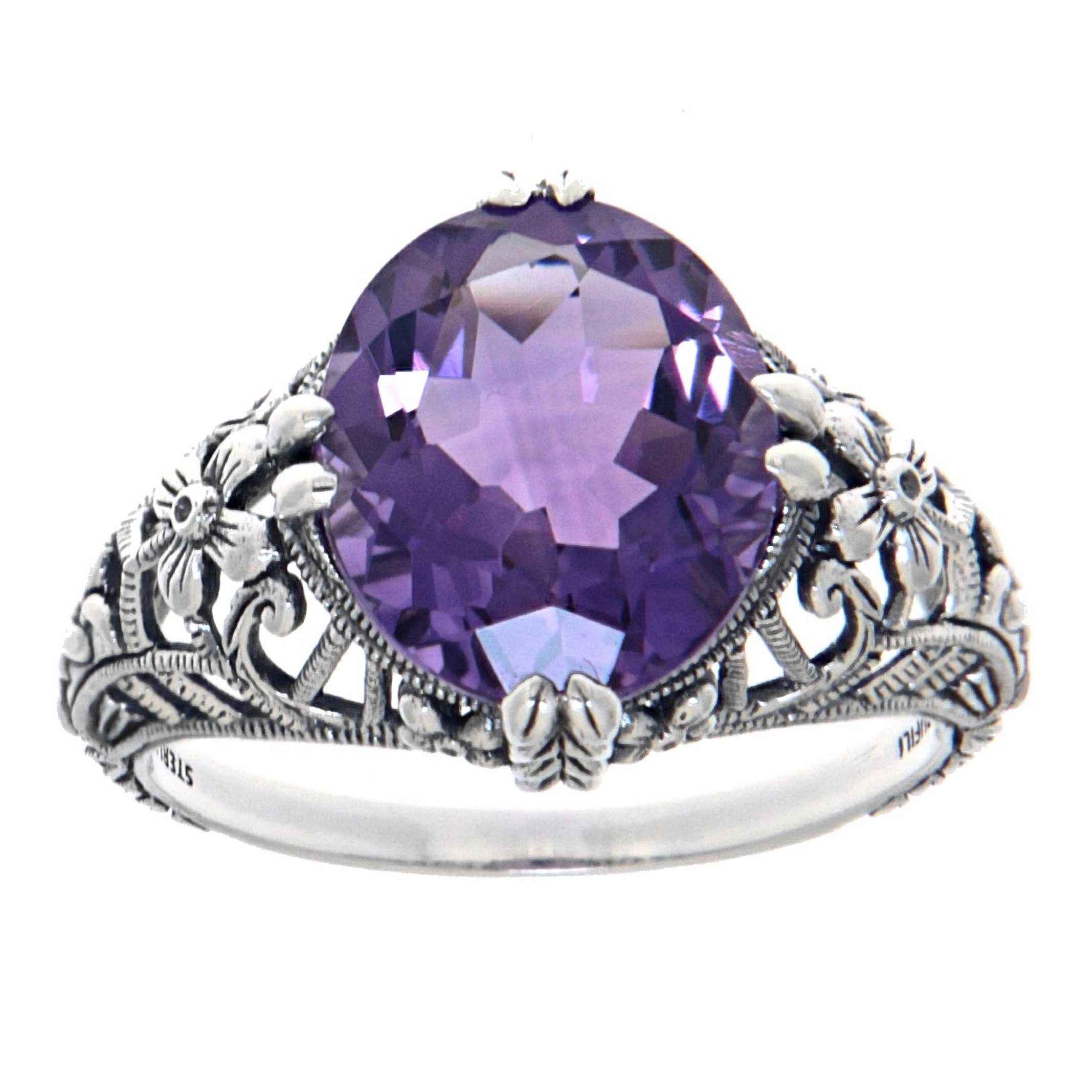 Back view of Victorian Style Geniune Amethyst Filigree Ring showing 925 sterling silver hallmark