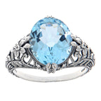 Back view of Victorian Style Geniune Blue Topaz Filigree Ring showing 925 sterling silver hallmark