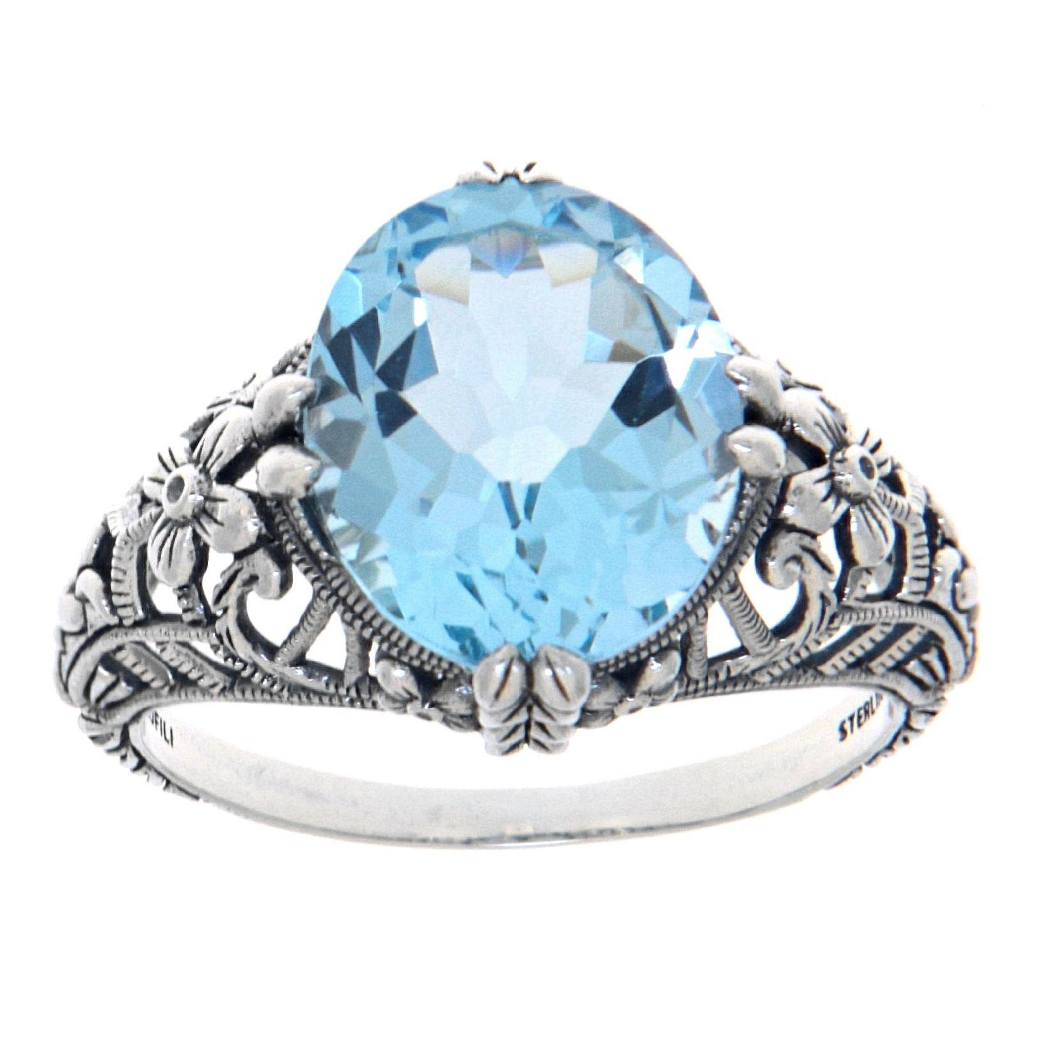 Back view of Victorian Style Geniune Blue Topaz Filigree Ring showing 925 sterling silver hallmark