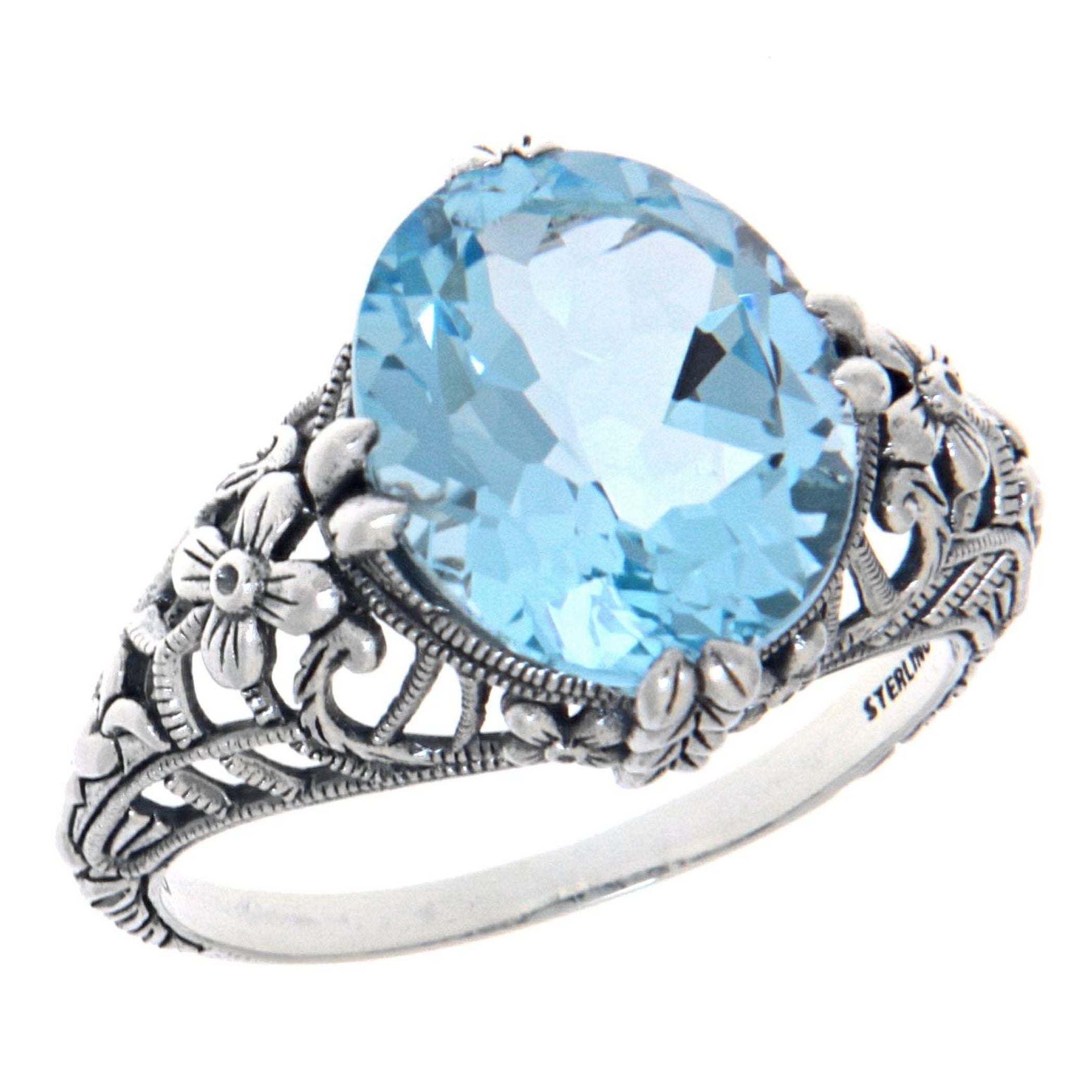 Victorian style, Blue Topaz, sterling silver rings, front view