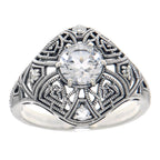 Back view of Art Deco Style Sterling Silver White Topaz Filigree Ring showing 925 sterling silver hallmark